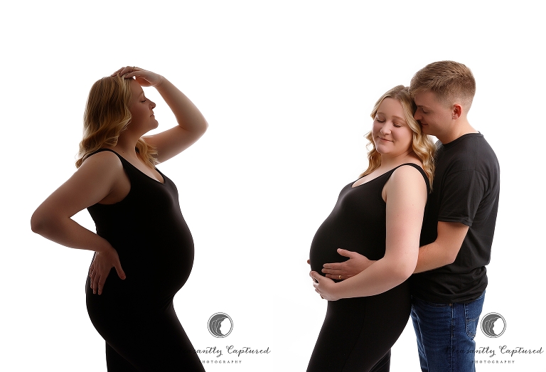 studio maternity session pregnant mother in form fitting black dress with husband camp lejeune nc maternity