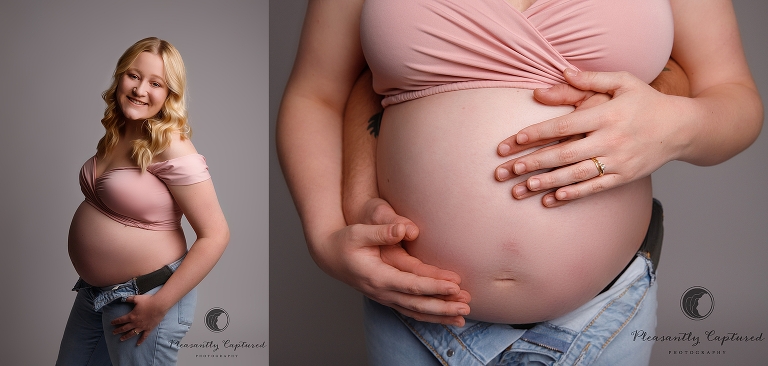 studio maternity session pregnant mother in pink crop top and jeans camp lejeune nc maternity