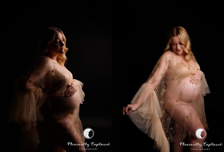 studio maternity session pregnant mother in glittery gold see through cape that shows pregnant belly - camp lejeune nc maternity 