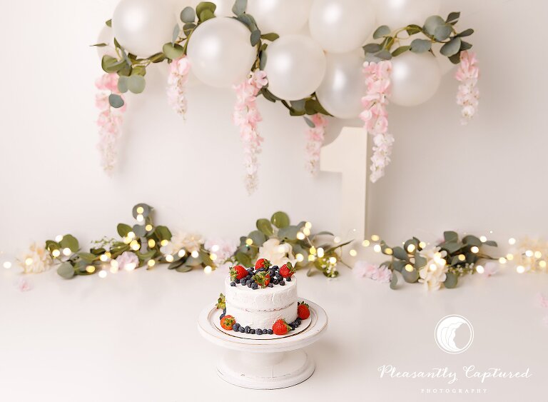 Flowery balloon arch with berry cake birthday cake smash session birthday Photographer Jacksonville NC