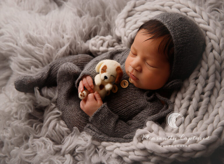 Newborn in grey onesie holding little felted puppy - North carolina photographer