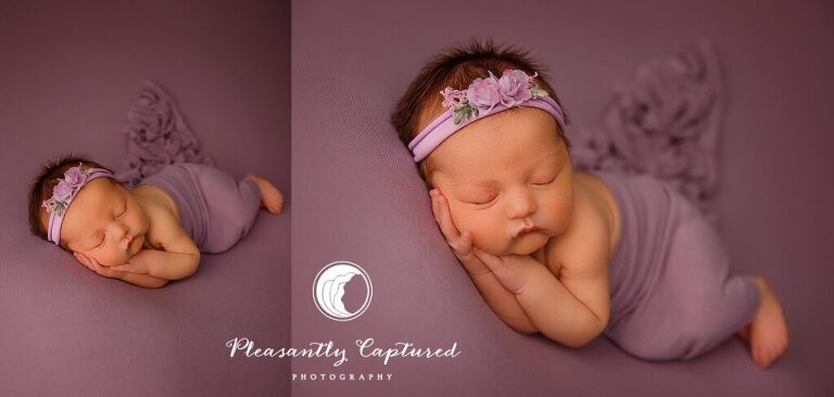 Newborn baby girl wrapped in purple wearing a purple flower headband - Newborn photographer NC