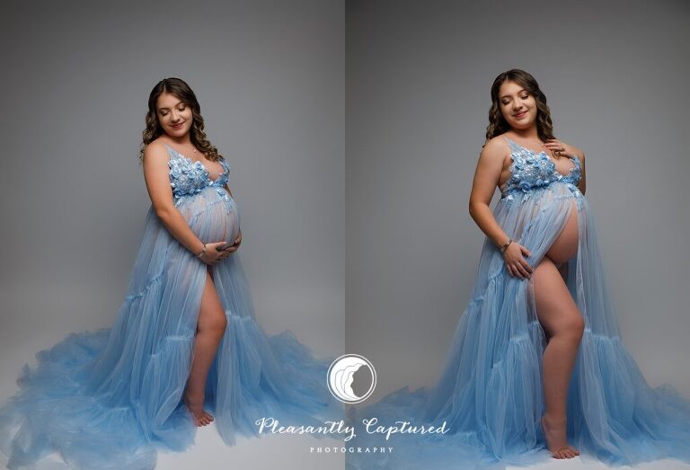 Beautiful mother to be in blue tulle gown against grayish background maternity photography jacksonville nc