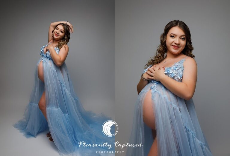 Beautiful mother to be in blue tulle gown against grayish background maternity photography jacksonville nc