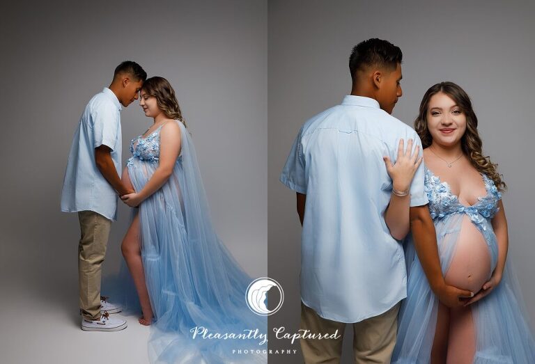 Beautiful mother to be in blue tulle gown against grayish background with spouse maternity photography jacksonville nc