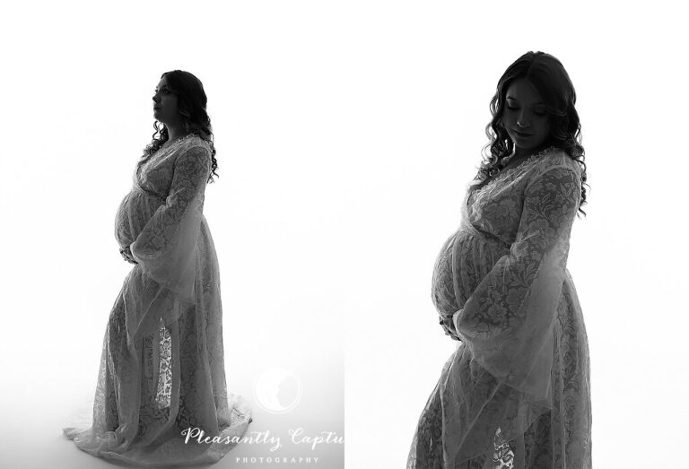 Beautiful mother to be in lace gown against bright white background in black and white maternity photography jacksonville nc