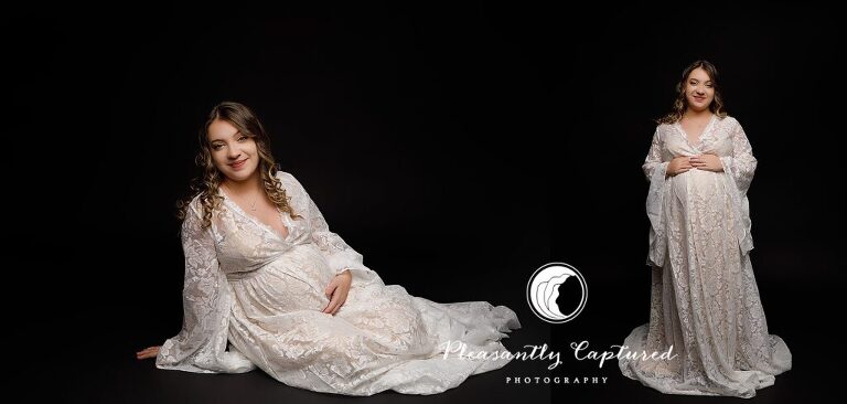 Beautiful mother to be in lace gown against black background maternity photography jacksonville nc