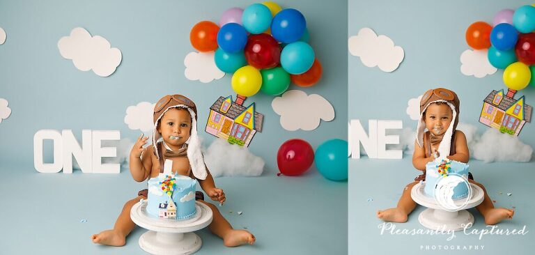 boy eating cake and making a mess on Up Themed Cake Smash | Birthday Photography Jacksonville NC