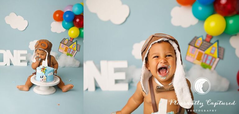 boy smiling and laughing with frosting on his face during Up Themed Cake Smash | Birthday Photography Jacksonville NC