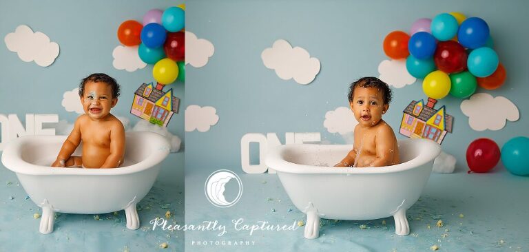 Boy cleaning up in tub during Up Themed Cake Smash | Birthday Photography Jacksonville NC