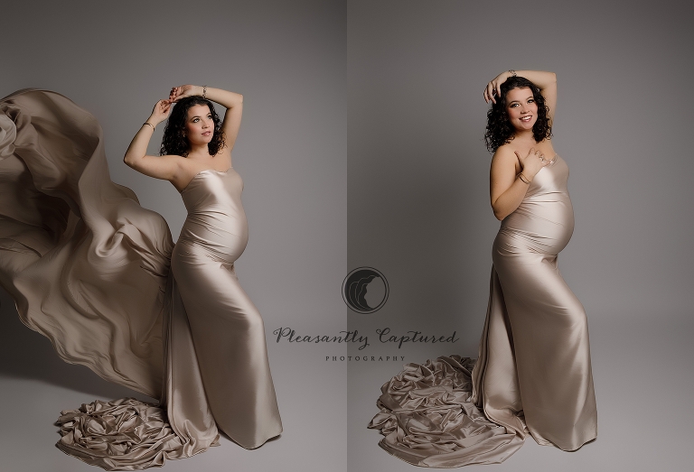Pregnant Mother in beautiful silky and flowy taupe fabric Jacksonville NC maternity photography