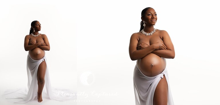 Studio maternity portrait with chunky crystal necklace and white draping