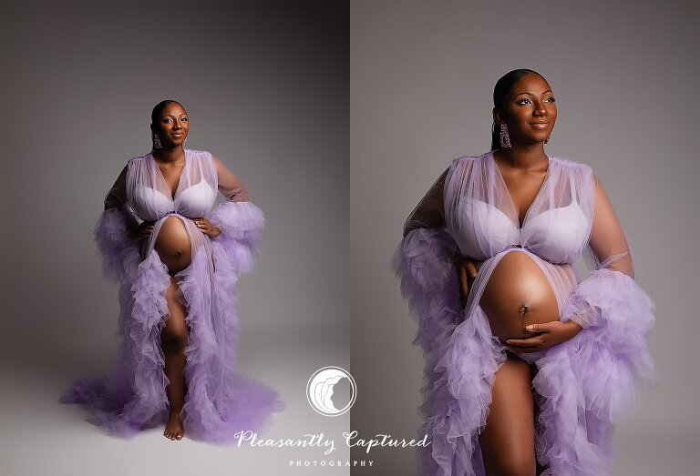 Elegant maternity studio portrait of pregnant woman in purple robe in Jacksonville, NC