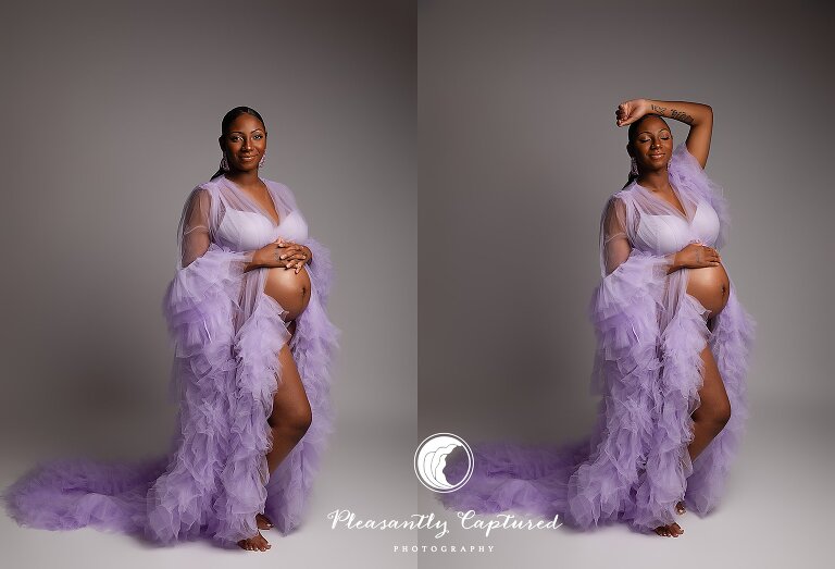 Pregnant woman in purple robe during studio maternity session in Jacksonville, NC
