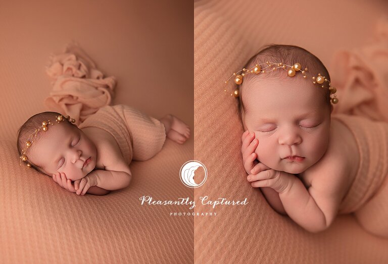 Soft and classic newborn portrait of baby girl wrapped in peach tones with elegant golden headband in Jacksonville photography studio