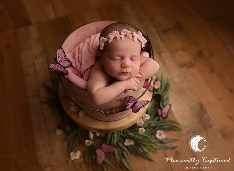 Whimsical newborn portrait of baby girl posed in blush bucket with soft floral accents and butterfly details in photography studio