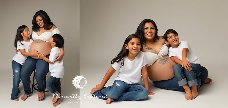 children love on mother and her pregnant belly in anticipation of new sibling | studio maternity photographer in jacksonville nc 