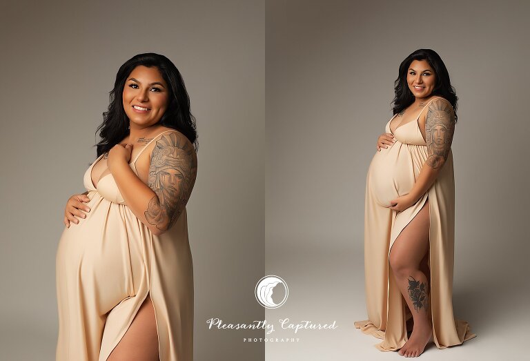 Pregnant mother in beautiful loose beige slip gown that cradles pregnant belly - studio maternity photographer near New Bern NC 