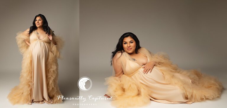 beautiful mother to be in beige slip gown with fluffy champagne colored tulle robe | studio maternity photographer near Wilmington NC