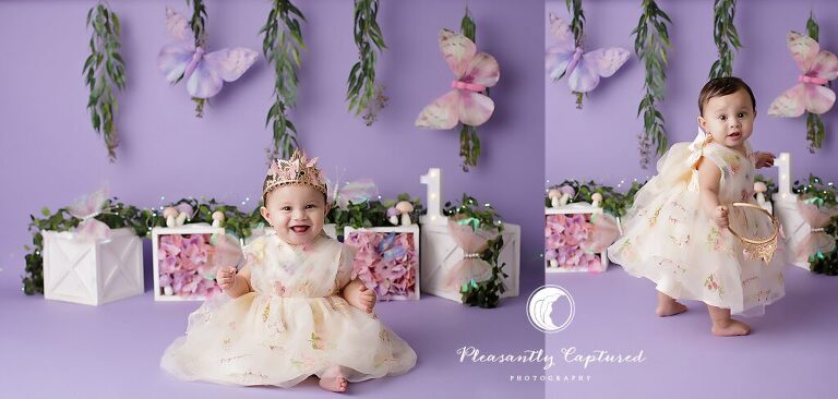 Fairy butterfly garden first birthday cake smash photographed by a cake smash photographer in Jacksonville, NC.