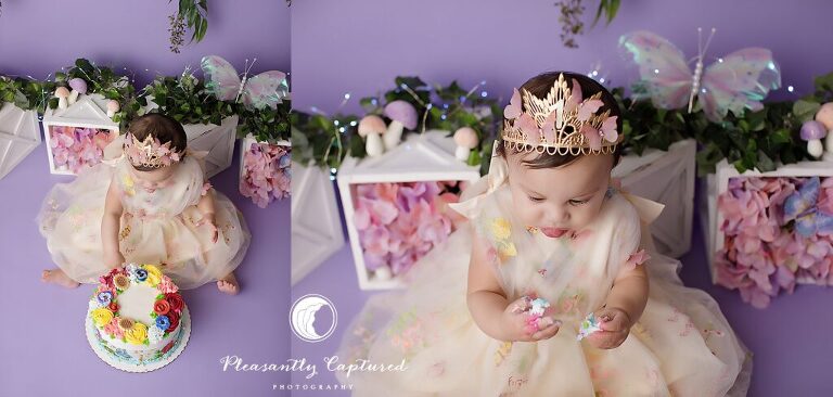 Jacksonville, NC cake smash photographer capturing a baby girl’s whimsical fairy garden first birthday session.