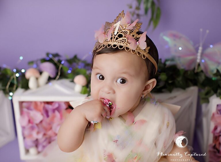Butterfly-themed first birthday cake smash session with florals, lavender colors, and garden details in Jacksonville, NC.
