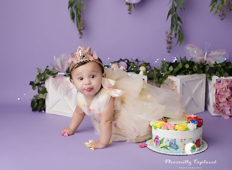 Baby girl exploring her butterfly cake during a custom cake smash session in Jacksonville, NC.