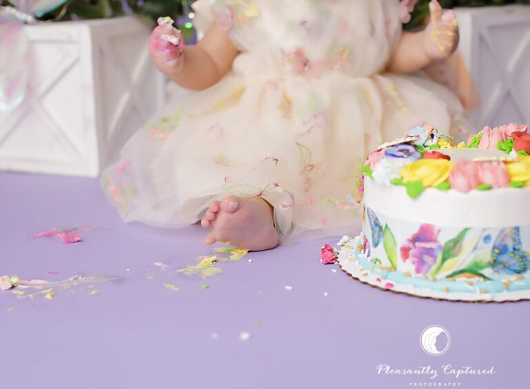 First birthday milestone portraits before a cake smash session with a fairy butterfly garden theme in Jacksonville, NC.