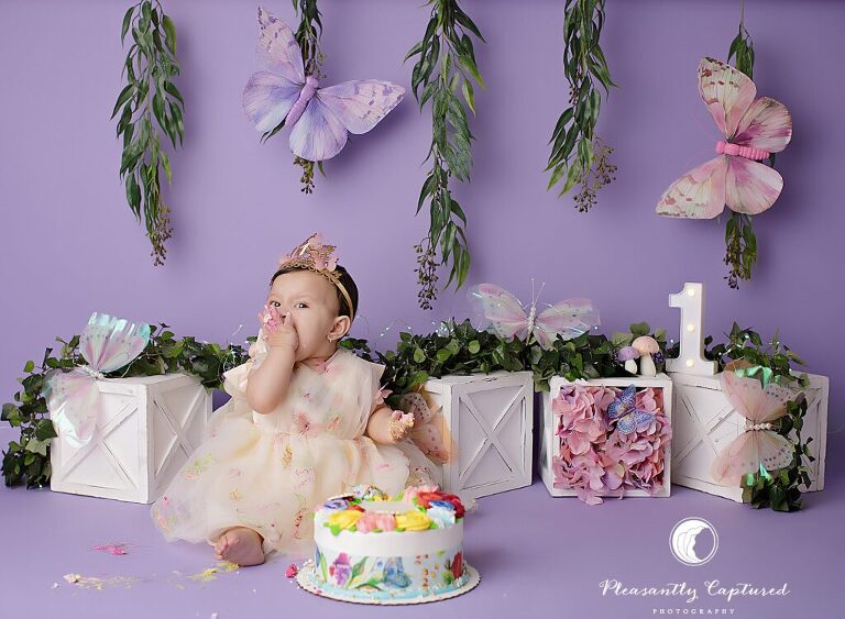 Custom first birthday cake smash session with butterfly garden theme by Pleasantly Captured Photography in Jacksonville, NC.