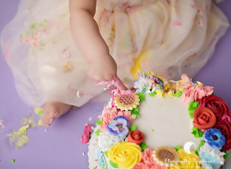 Close-up of baby’s hands and frosting during a butterfly garden cake smash photographed in Jacksonville, NC.
