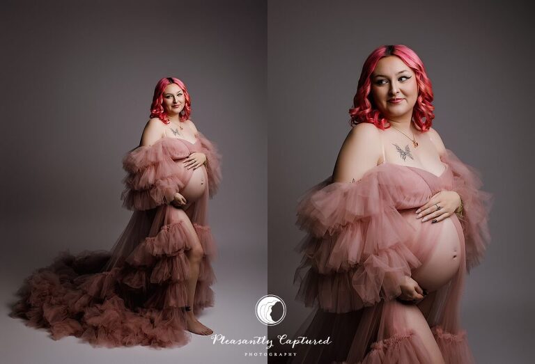Studio maternity portrait in Jacksonville, NC featuring an expecting mother in a dramatic pink tulle gown against a gray backdrop.
