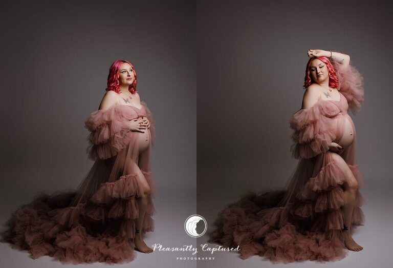 Jacksonville, NC studio maternity photographer capturing an elegant maternity portrait with soft lighting and a blush pink gown.