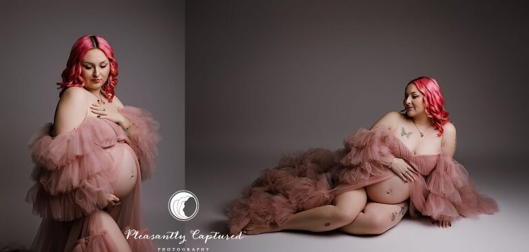 Expecting mother posed in a pink ruffle maternity gown during a studio maternity session in Jacksonville, NC.