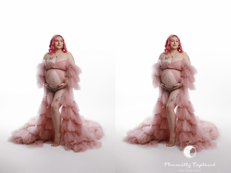 Studio maternity photographer in Jacksonville, NC creating a soft and feminine portrait of an expecting mother in a blush gown.