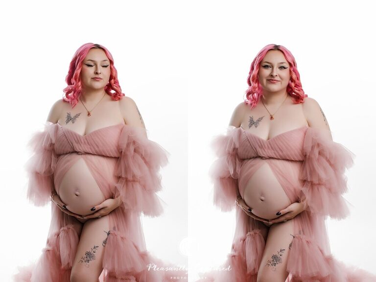 High-key studio maternity portrait in Jacksonville, NC featuring an expecting mother in a soft pink gown on a white backdrop.
