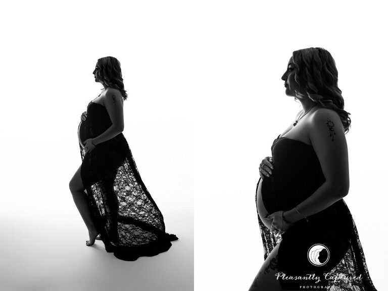 Black and white maternity silhouette photographed in studio by a Jacksonville, NC maternity photographer.