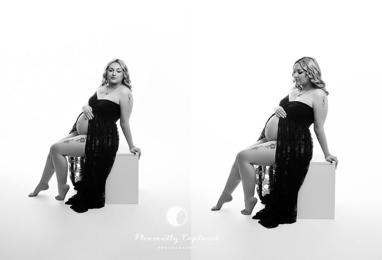 Artistic studio maternity portrait in Jacksonville, NC featuring an expecting mother in a black lace gown and silhouette lighting.