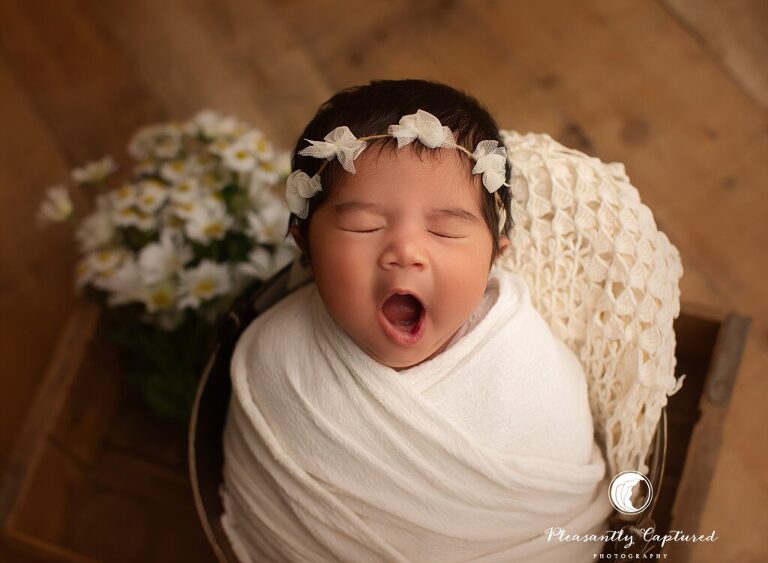 Baby girl swaddled in white and posed in a bucket with daisies during a newborn mini session in Jacksonville, NC.